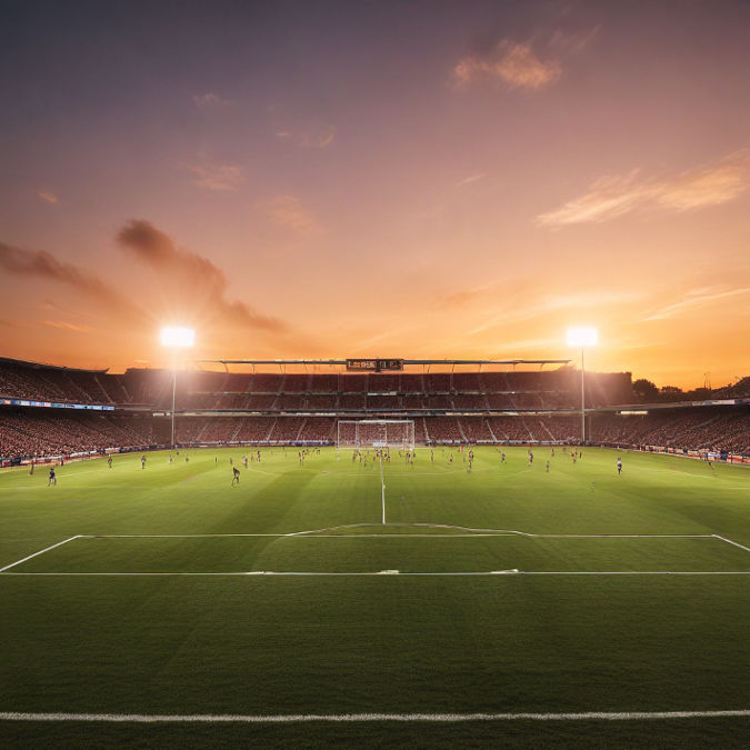 A wide-angle shot of a soccer field during sunset, capturing players mid-action with stadium lights illuminating the scene.