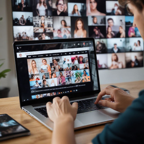 A photographer reviews stunning images on a laptop, engaging with followers through a vibrant social media panel.