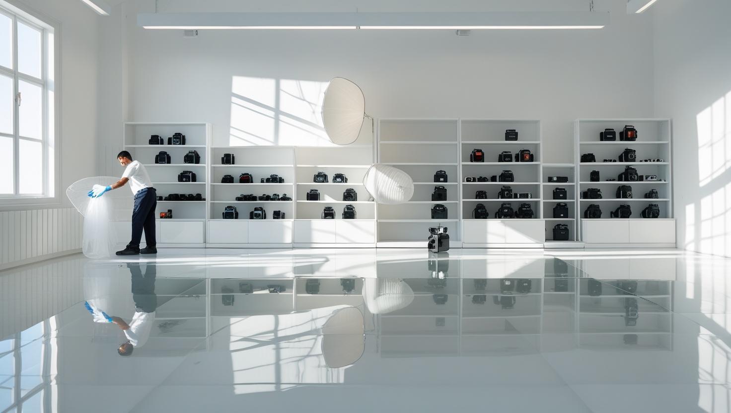 Photography studio with cleaner wiping table, soft lighting, tidy gear, natural shadows.