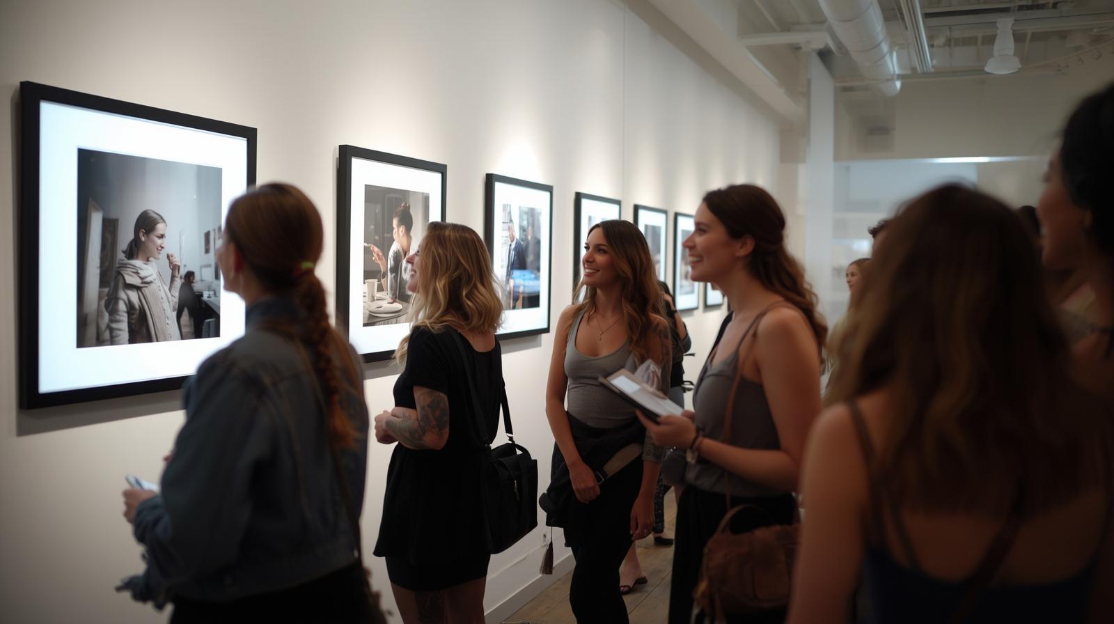 Smiling people in NYC gallery admiring glowing backlit photographs on display walls.