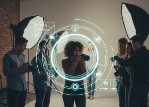 a group of people behind the scene takes shots under camera lighting