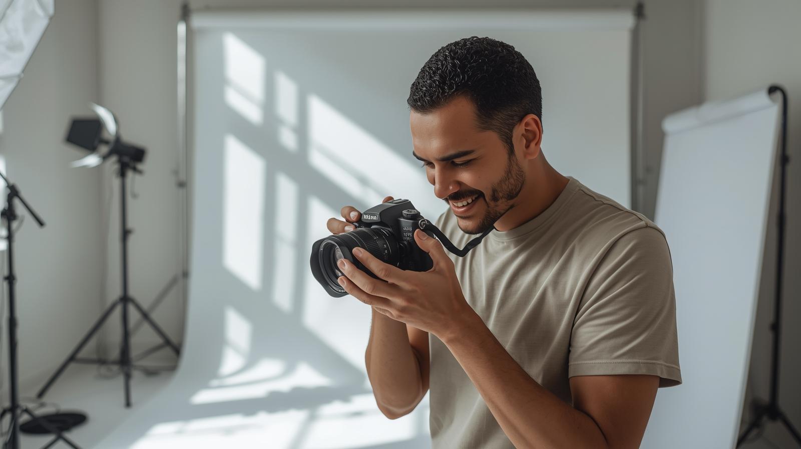 Photographer prepares camera in spotless bright studio with minimal props arranged neatly.