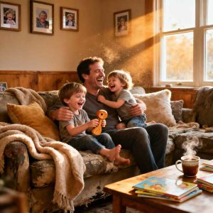 A cozy home setting with a family laughing together and children playing in candid moment, 