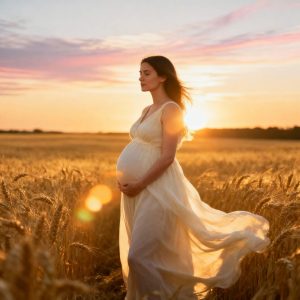 A pregnant woman in a flowing dress standing in a golden field at sunset
