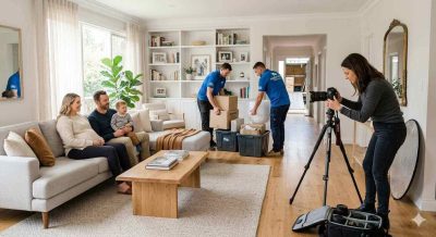Bright family home prepared for a lifestyle photography session, professional junk removal team clearing clutter