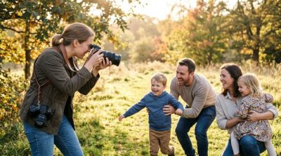 A lifestyle photographer capturing a candid family moment outdoors