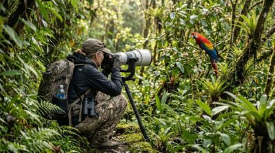 Wildlife photographer using a professional camera to photograph a bird and surrounding natural habitat